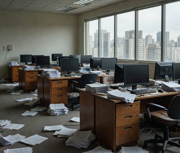 Mesa de redação jornalística com jornais e lupa, alertando sobre riscos de fake news no Brasil.