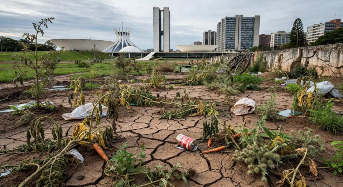 Horta urbana deteriorada em Brasília, expondo falhas crônicas e demora em reformas na agricultura do DF.