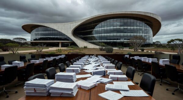 Edifício governamental em Brasília com documentos acumulados, representando atraso na regulamentação de lei contra supremacismo no DF.