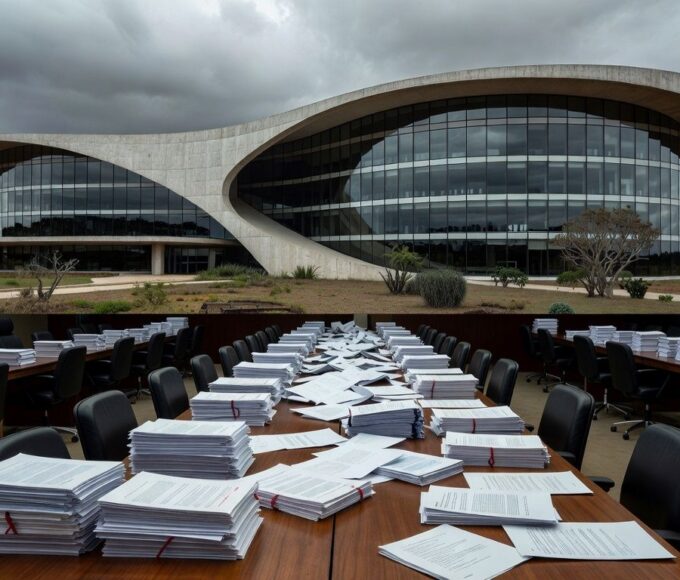 Edifício governamental em Brasília com documentos acumulados, representando atraso na regulamentação de lei contra supremacismo no DF.