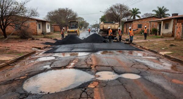 Rua em Ceilândia com operação tapa-buraco aplicando asfalto para reparar danos causados pelas chuvas.