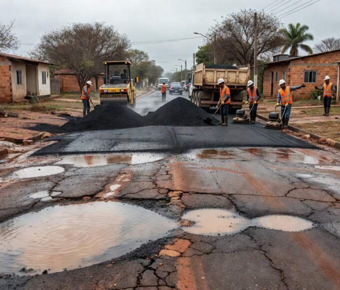 Rua em Ceilândia com operação tapa-buraco aplicando asfalto para reparar danos causados pelas chuvas.