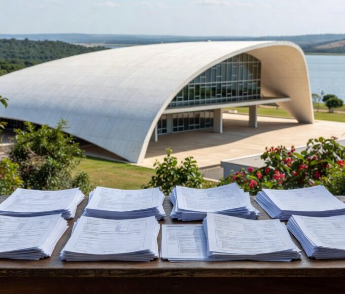 Mesa com pilhas de documentos burocráticos em escritório de Brasília, ilustrando críticas à burocracia na Caesb.