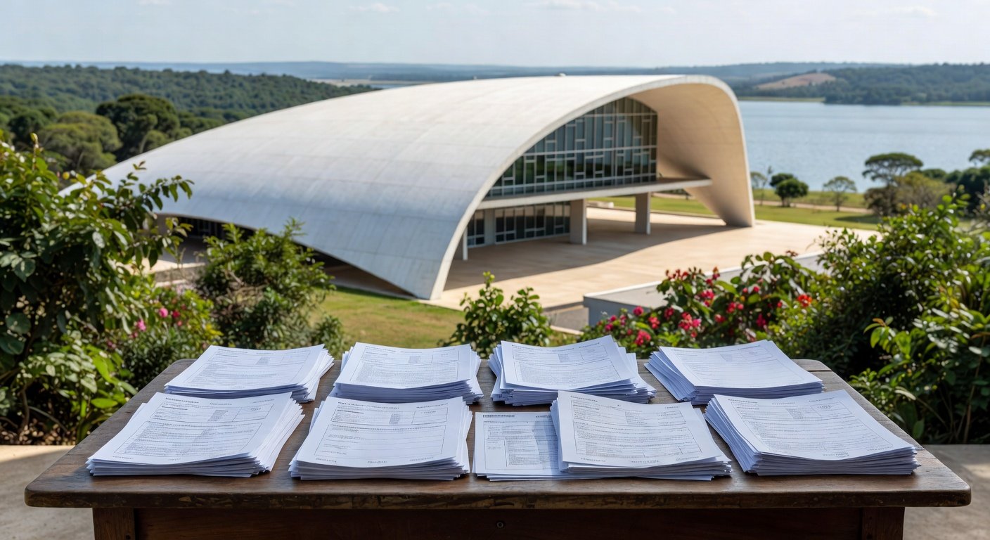Mesa com pilhas de documentos burocráticos em escritório de Brasília, ilustrando críticas à burocracia na Caesb.
