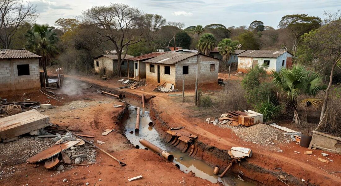 Reservatório com água baixa e obras de saneamento em Brasília, ilustrando crise hídrica no DF.