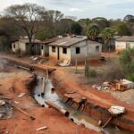 Reservatório com água baixa e obras de saneamento em Brasília, ilustrando crise hídrica no DF.