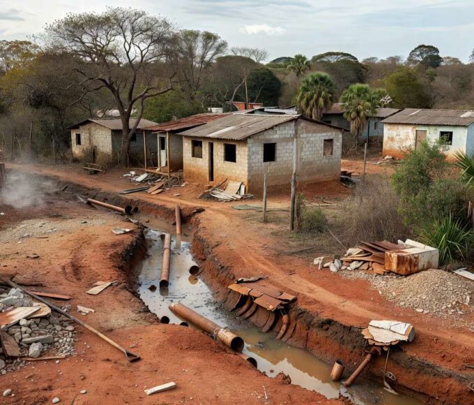Reservatório com água baixa e obras de saneamento em Brasília, ilustrando crise hídrica no DF.