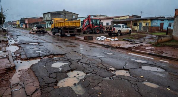 Rua danificada por chuvas no P Sul de Ceilândia, com equipamentos de reparo e veículos de manutenção ao fundo.