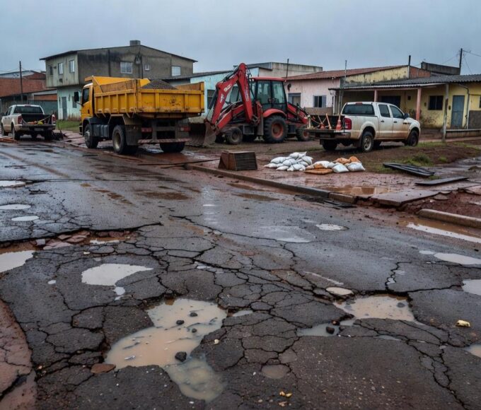 Rua danificada por chuvas no P Sul de Ceilândia, com equipamentos de reparo e veículos de manutenção ao fundo.