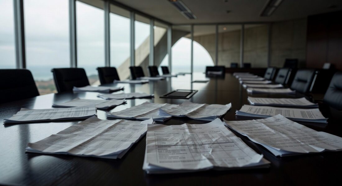 Edifício da Câmara Legislativa do DF em Brasília, com bandeiras e céu nublado, representando reunião sobre gestão do BRB.