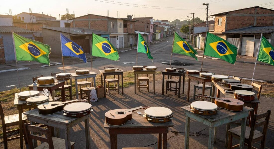 Roda de samba em praça de Ceilândia homenageando mulheres sambistas, com instrumentos musicais e ambiente urbano brasileiro.