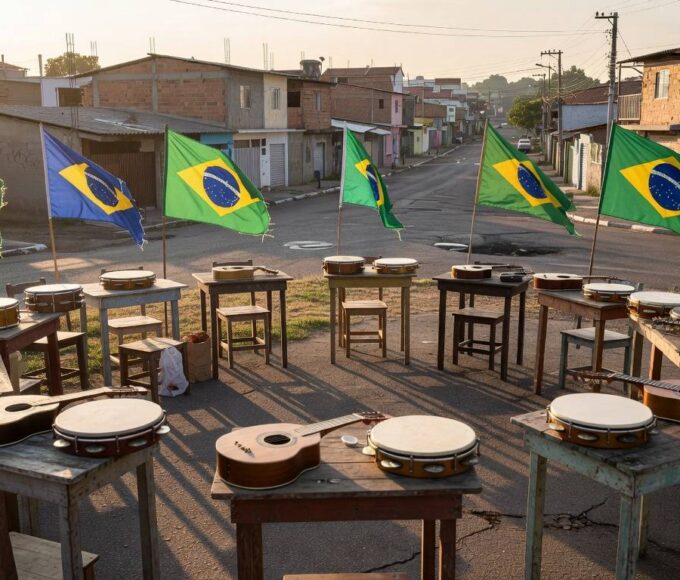 Roda de samba em praça de Ceilândia homenageando mulheres sambistas, com instrumentos musicais e ambiente urbano brasileiro.