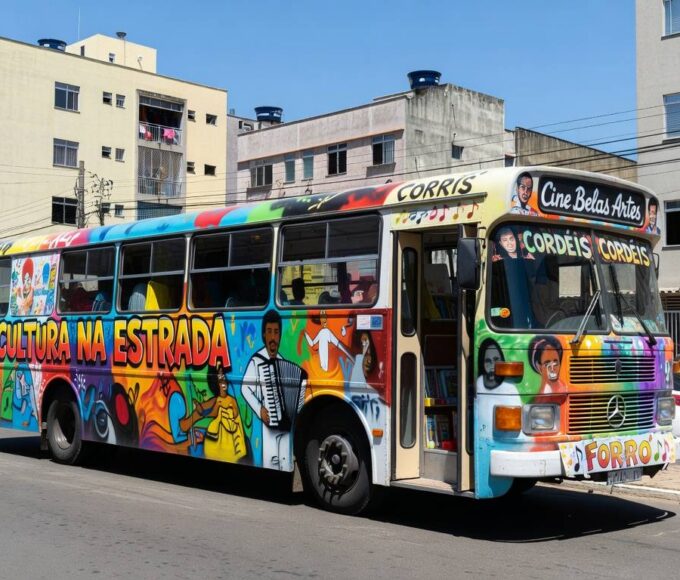 Ônibus cultural itinerante do Projeto Andanças estacionado em rua de Ceilândia, com decorações artísticas brasileiras.
