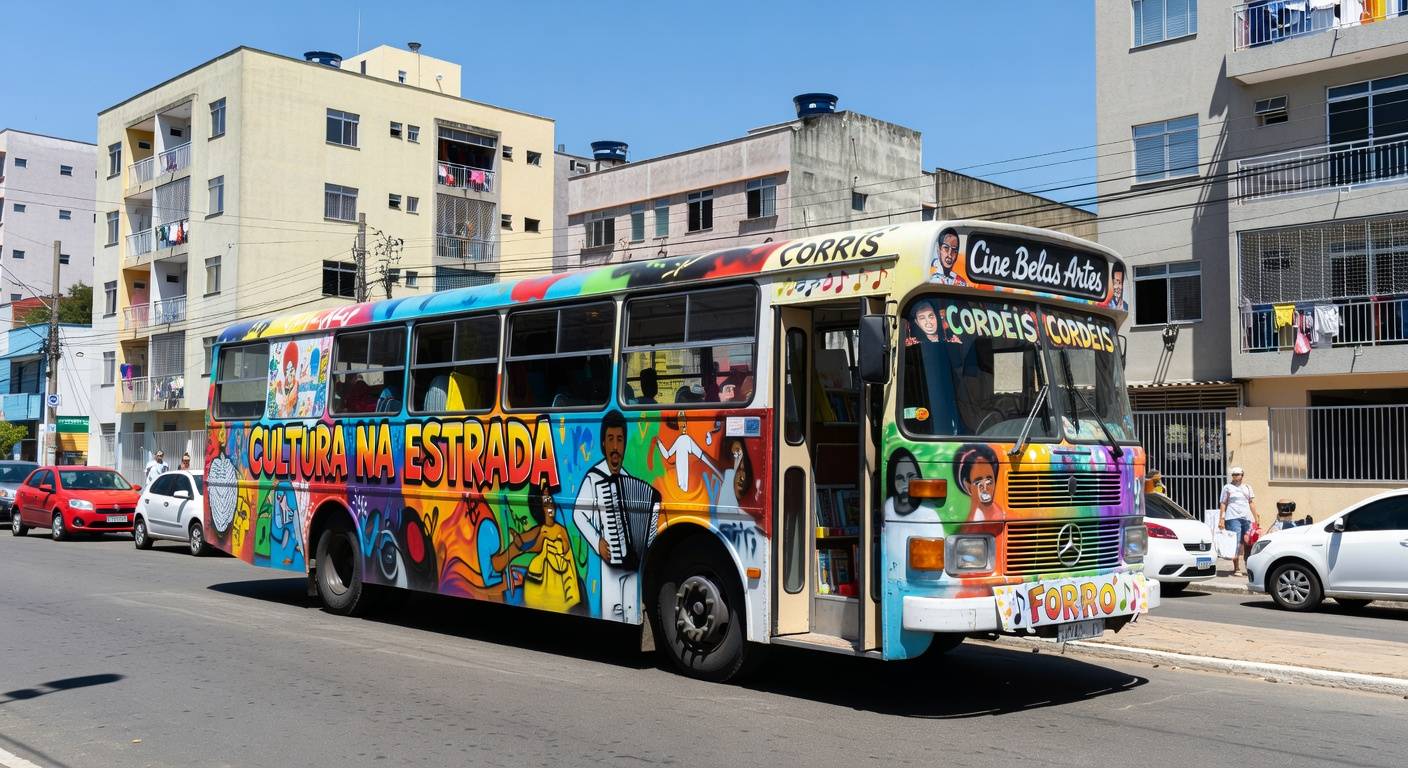 Ônibus cultural itinerante do Projeto Andanças estacionado em rua de Ceilândia, com decorações artísticas brasileiras.