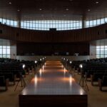 Auditório da CLDF com banners sobre violência contra mulheres no DF, em Brasília.