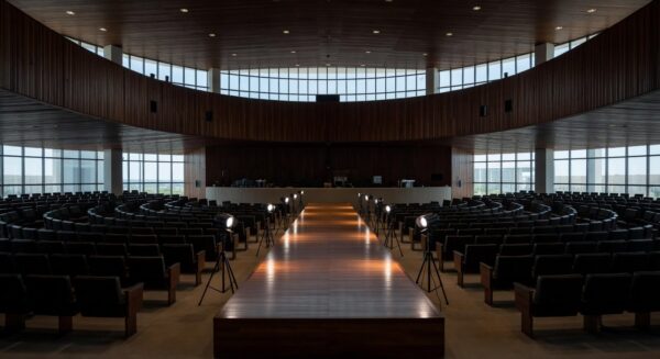 Auditório da CLDF com banners sobre violência contra mulheres no DF, em Brasília.