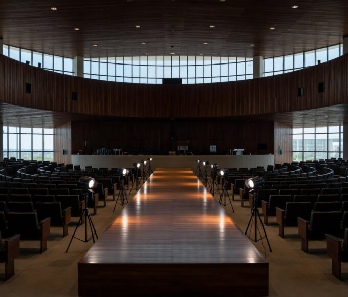 Auditório da CLDF com banners sobre violência contra mulheres no DF, em Brasília.