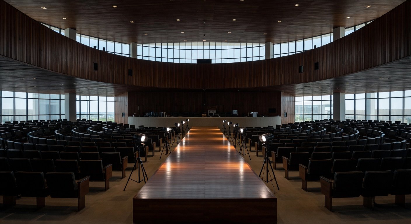 Auditório da CLDF com banners sobre violência contra mulheres no DF, em Brasília.