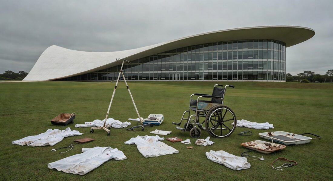 Fachada da CLDF em Brasília com símbolos de enfermagem sob céu nublado, ilustrando 45 anos de sindicato em crises não resolvidas.