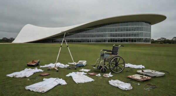 Fachada da CLDF em Brasília com símbolos de enfermagem sob céu nublado, ilustrando 45 anos de sindicato em crises não resolvidas.