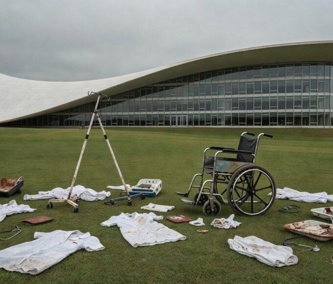 Fachada da CLDF em Brasília com símbolos de enfermagem sob céu nublado, ilustrando 45 anos de sindicato em crises não resolvidas.