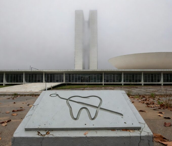 Edifício da CLDF em Brasília com placa simbólica de 60 anos do CRO-DF, sob céu nublado, destacando frustrações e demandas ignoradas.