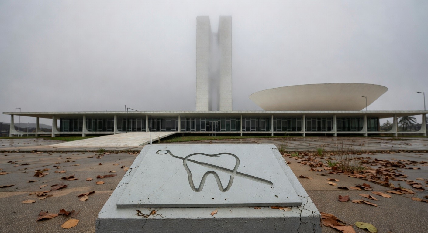 Edifício da CLDF em Brasília com placa simbólica de 60 anos do CRO-DF, sob céu nublado, destacando frustrações e demandas ignoradas.