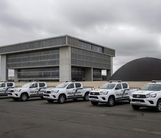 Viaturas da Polícia Civil do DF em frente à CLDF, representando falhas na Previdência e apoio à regulamentação.