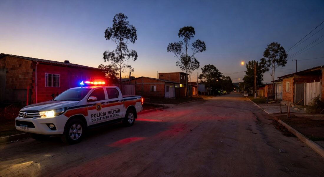 Viatura da Polícia Militar em rua de Ceilândia após incidente com baleamento.