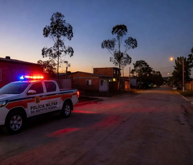 Viatura da Polícia Militar em rua de Ceilândia após incidente com baleamento.
