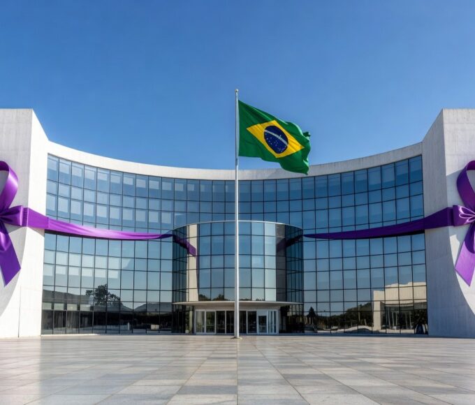 Edifício do TJDFT em Brasília com símbolos da Semana Nacional da Justiça pela Paz em Casa contra violência à mulher.