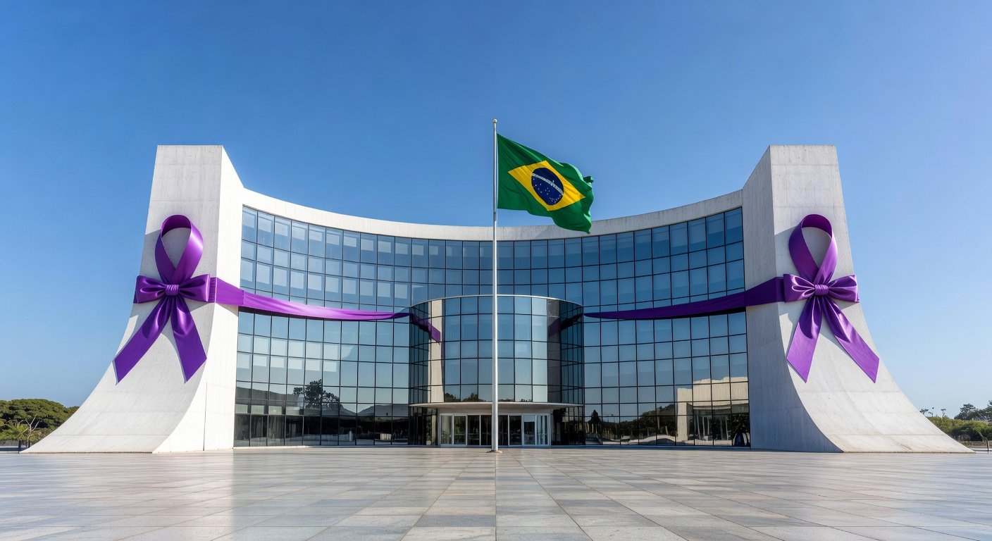 Edifício do TJDFT em Brasília com símbolos da Semana Nacional da Justiça pela Paz em Casa contra violência à mulher.
