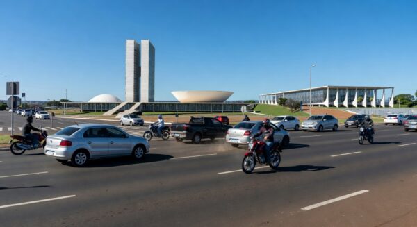 Via movimentada em Brasília com tráfego intenso, ilustrando aumento de mortes no trânsito segundo estudo do Detran-DF.