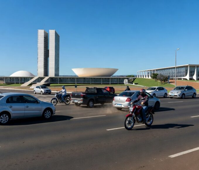 Via movimentada em Brasília com tráfego intenso, ilustrando aumento de mortes no trânsito segundo estudo do Detran-DF.