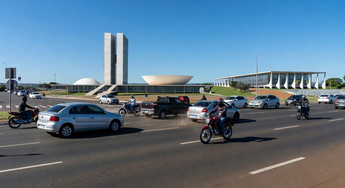 Via movimentada em Brasília com tráfego intenso, ilustrando aumento de mortes no trânsito segundo estudo do Detran-DF.