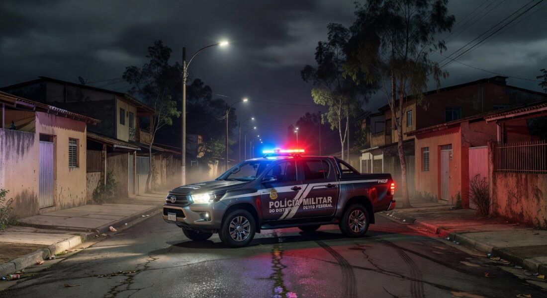 Viatura da Polícia Militar em rua de Ceilândia durante incidente de perseguição.