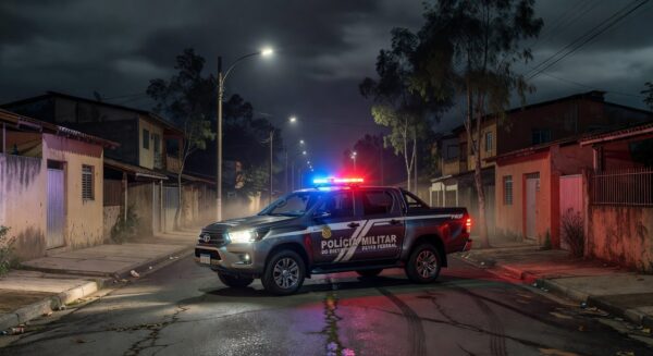 Viatura da Polícia Militar em rua de Ceilândia durante incidente de perseguição.