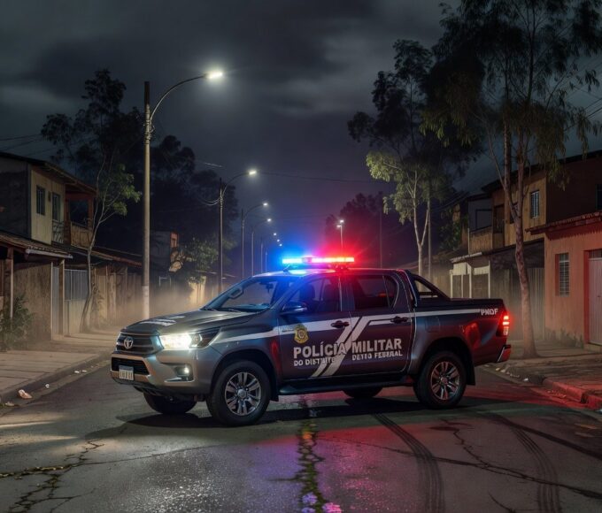Viatura da Polícia Militar em rua de Ceilândia durante incidente de perseguição.