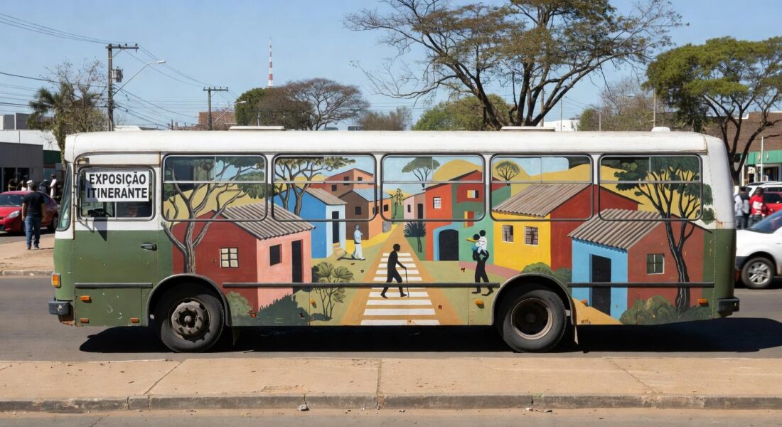 Ônibus como exposição itinerante sobre Ceilândia, estacionado em rua de Brasília, promovendo mobilidade a pé.