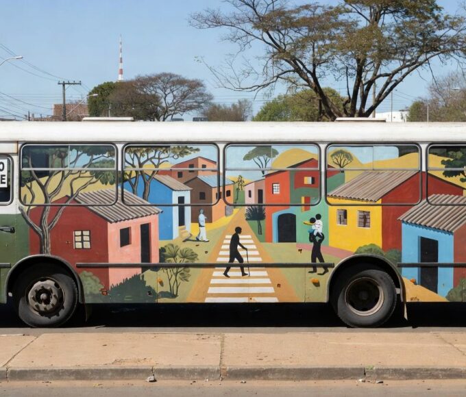Ônibus como exposição itinerante sobre Ceilândia, estacionado em rua de Brasília, promovendo mobilidade a pé.