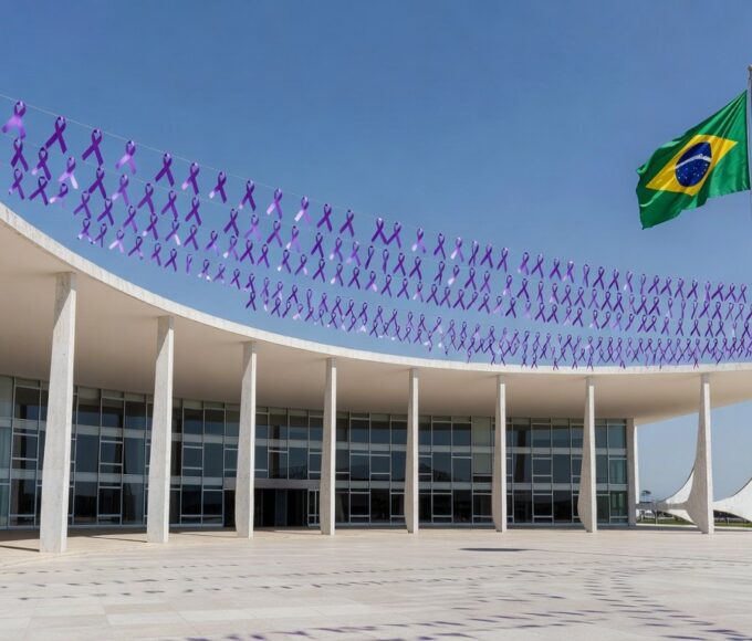 Edifício do TJDFT em Brasília com símbolos de campanha contra violência doméstica no Mês da Mulher.