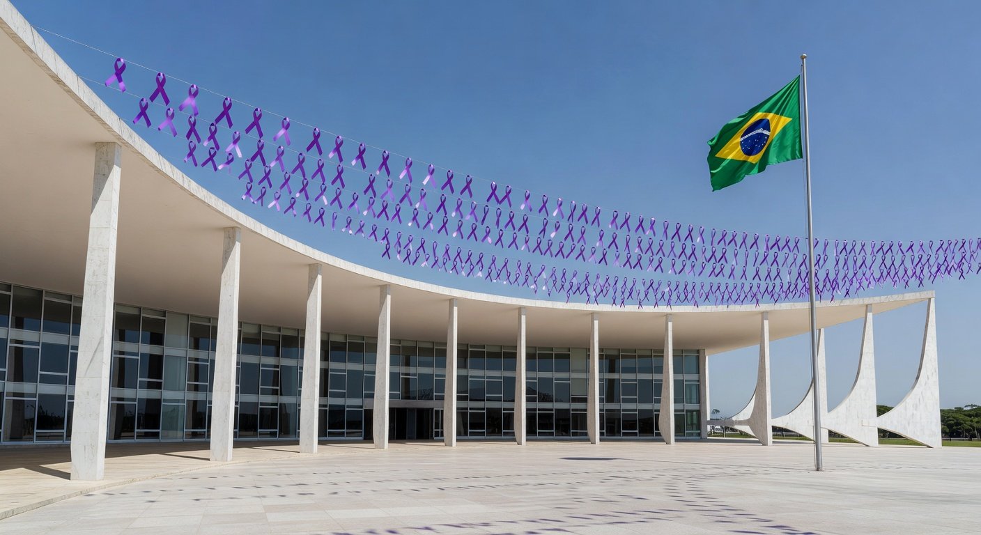 Edifício do TJDFT em Brasília com símbolos de campanha contra violência doméstica no Mês da Mulher.