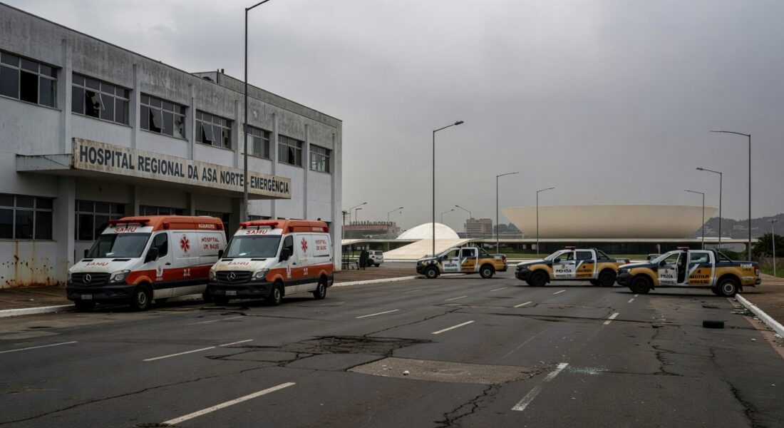 Hospital público deteriorado e viatura policial danificada em Brasília, representando falhas na saúde e segurança do DF.