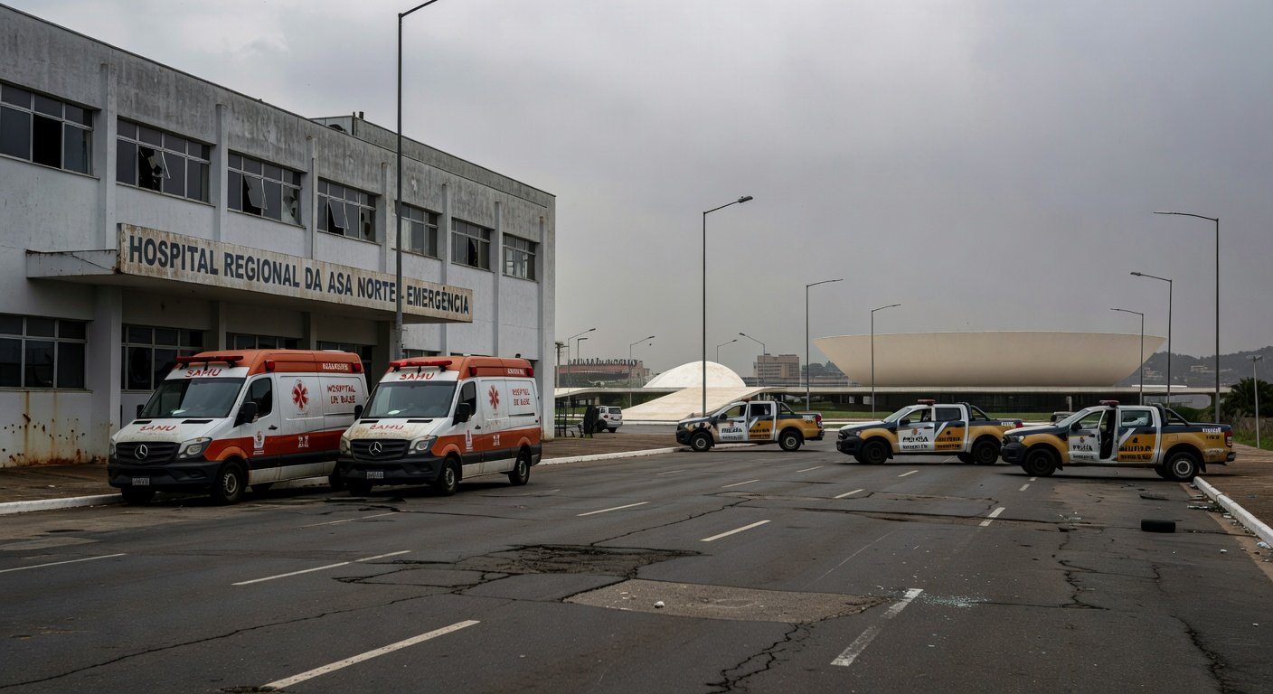 Hospital público deteriorado e viatura policial danificada em Brasília, representando falhas na saúde e segurança do DF.