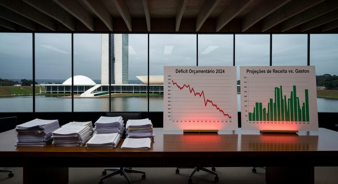 Fachada da CLDF em Brasília com documentos fiscais espalhados, representando fragilidades sombrias do GDF para 2025.