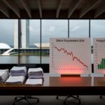 Fachada da CLDF em Brasília com documentos fiscais espalhados, representando fragilidades sombrias do GDF para 2025.