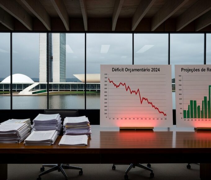 Fachada da CLDF em Brasília com documentos fiscais espalhados, representando fragilidades sombrias do GDF para 2025.