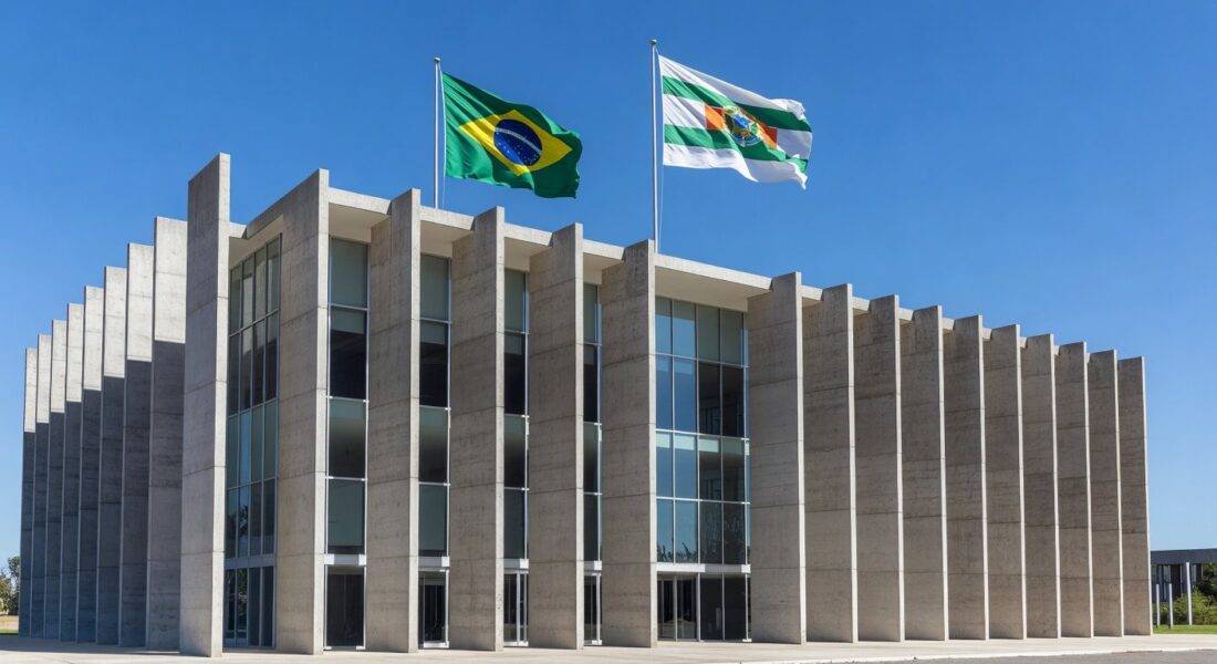 Edifício da Secretaria de Educação do DF em Brasília, com bandeiras do Brasil e DF, em estilo fotojornalístico.