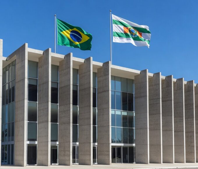 Edifício da Secretaria de Educação do DF em Brasília, com bandeiras do Brasil e DF, em estilo fotojornalístico.