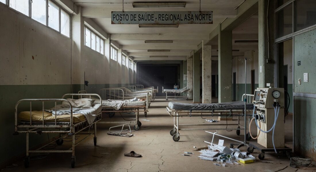 Edifício da CLDF em Brasília com faixas de doenças raras rasgadas, simbolizando falhas no apoio a pacientes.